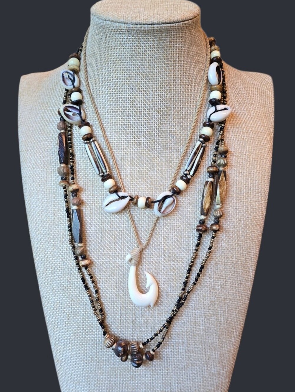 Vintage Bone, Shell and Wood Necklace Bundle (3) - Picture 2 of 6